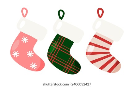 Set of festive Christmas socks for holidays gifts to be hang on fireplace, vector