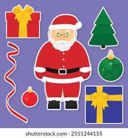 Conjunto de adesivos de Natal festivos. Coleção de elementos planos com temas natalinos sobre um fundo roxo