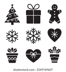 A set of festive Christmas themed vector silhouette on a transparent background