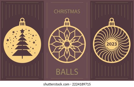 Un conjunto de bolas navideñas festivas para cortar láser. Plantilla para el corte decorativo de cartón, papel, contrachapado.