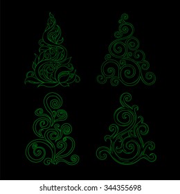 Set of festive Christmas trees in graphic style on a black background