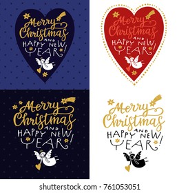 Set of Festive Christmas typographic emblems on a blue background. Merry Christmas and Happy new year text in heart.