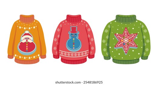 Set of festive Christmas ugly sweaters decorated with Santa, snowman, star, and tree motifs. Bright holiday themed illustrations on a white background. Winter clothing and holiday concept.