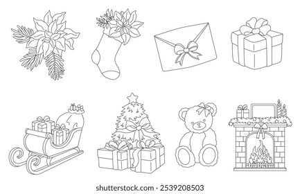 A set of festive Christmas-themed line drawings featuring poinsettias, stockings, presents, a sleigh, a Christmas tree, a cute bear, a fireplace, and an envelope with a bow.