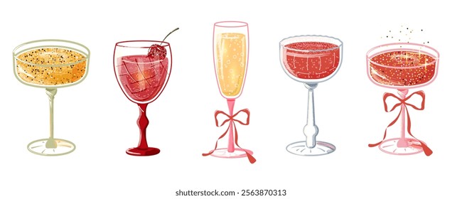 Set of festive cocktails in gold and dark red colors. Cherry cocktail, champagne. Shiny, golden flirty drinks for weddings, holiday parties, Christmas. Hand-drawn vector illustration. Isolated.