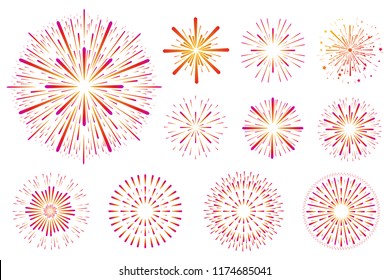 Set of festive colored fireworks isolated on white background.