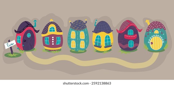 Set of festive colorful houses in the shape of an egg, Isolated vector illustration, Greeting card