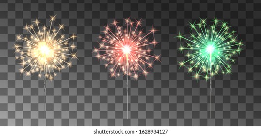 Set festive colour sparklers, new year fireworks, red, green, yellow color, burning bengal fire on dark background. Vector.