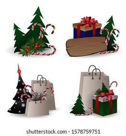 Set of festive composition with Christmas tree branches in a gift bag and boxes with bows on a white background.