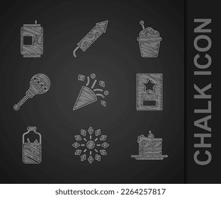 Set Festive confetti, Firework, Cake, Greeting card, Mulled wine, Maracas,  and Beer can icon. Vector