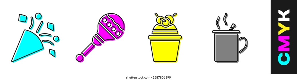 Set Festive confetti, Maracas, Cake and Mulled wine icon. Vector