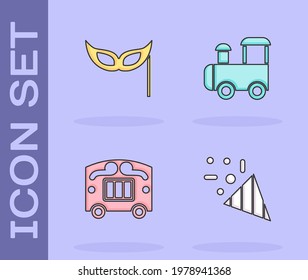 Set Festive confetti, mask, Circus wagon and Toy train icon. Vector