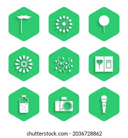 Set Festive confetti, Photo camera, Karaoke microphone, Greeting card, Mulled wine, Firework, Balloon with ribbon and Paper mustache stick icon. Vector