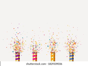 Set of Festive cracker with confetti, glitter, streamer, streamer. Holiday background realistic petard flapper surprise. Celebrate decoration object. vector illustration.