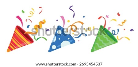 Set of festive crackers in cartoon style. Vector illustration of colorful cone-shaped firecrackers with stripes, dots, waves, streamers, confetti, isolated on white background. Poppers for confetti.