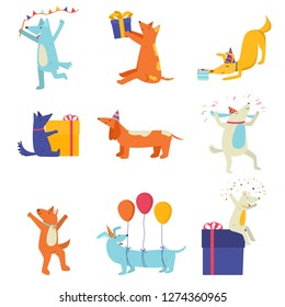 Set of festive cute dogs cheerfully celebrating holidays with festive cones on their heads, feververkami, gifts and cakes.