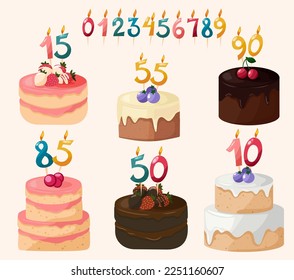 Set of festive decorated cakes with candles figures as numbers. Flat vector illustration.