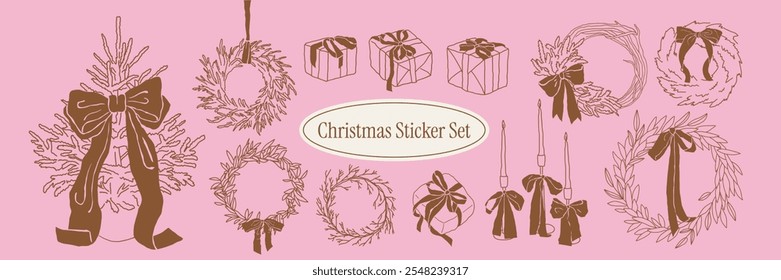 Conjunto de Elementos de decoración festiva como un árbol de Navidad y coronas, velas con arcos, regalos. Clipart de tinta invernal caprichoso en estilo de boceto de línea. Doodles para invitaciones, menús, tarjetas de felicitación.