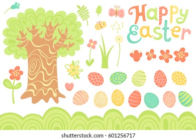 Set of Festive Decorations for Happy Easter. Congratulatory inscription, painted eggs, large tree, flowers and other elements. Vector illustration.