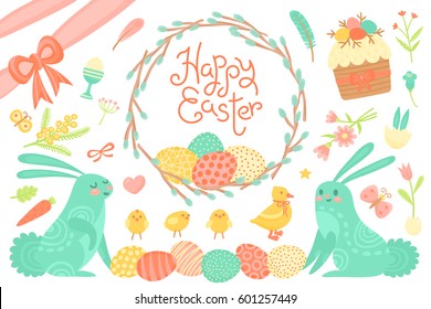 Set of Festive Decorations for Happy Easter. Congratulatory inscription, painted eggs, willow wreath, rabbits, easter cupcakes and other elements. Vector illustration.