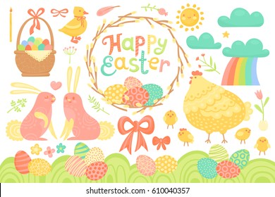 Set of Festive Decorations for Happy Easter. Congratulatory inscription, painted eggs, willow wreath, rabbits, chicken, basket and other elements. Vector illustration.