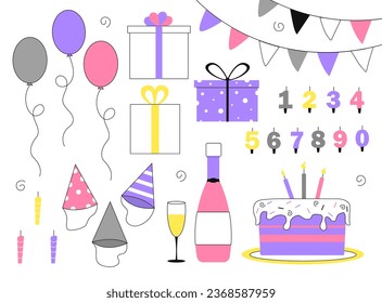 Set of festive decorations line. Bottle with wine and cakes. Gift boxes near air balloons and colorful flags. Holiday and festival. Linear flat vector collection isolated on white background