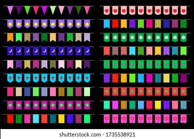 Set of festive decorations on the ropes. Vector illustration.