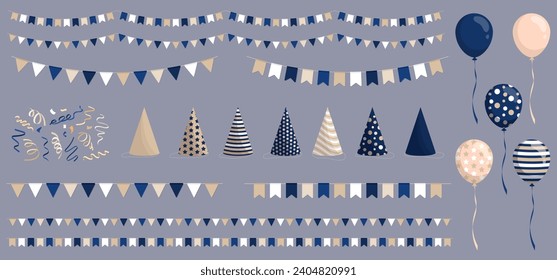 Set of festive decorations stickers - flat cartoon balloons, party hats, streamers and colorful buntings. Blue and beige carnival pennants, ribbon serpentine, paper caps clip art for celebration