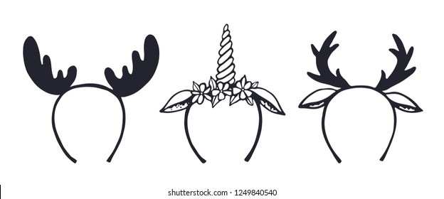 Set of festive decorative horns. Christmas horns of a deer and a unicorn. Holiday or party. Vector illustration. Hand drawing.