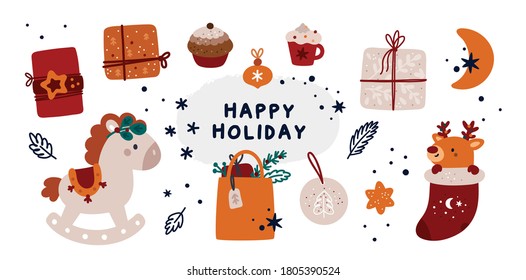 Set with festive design elements on a Christmas theme with cartoon elements. Holiday collection of gifts, decorations and cozy winter accessories. For holiday first card, postcard, poster, background