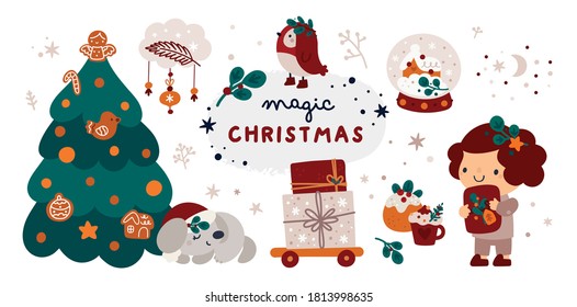 Set with festive design elements on a Christmas theme. Baby first Christmas. Holiday collection of gifts, decorations and cozy winter accessories. Ideal for holiday card, postcard, poster, decoration