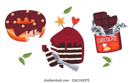 Set of festive desserts with bitten off parts. Donut with chocolate icing and sweets, cake with cream decorated with caramel, chocolate bar in foil.Vector clip art on white.Flat cartoon illustration.