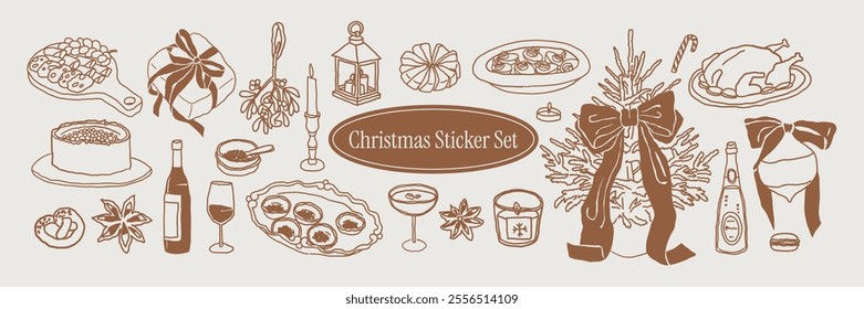 Set of festive dinner clipart. Whimsical Christmas aesthetic. Hand drawn line art chalk doodles perfect for invites, postcards, stationery, menus in sketch style.	