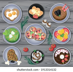 
Set of festive dishes for Valentine's Day. Top view, heart-shaped dishes, vector illustration. Food for a romantic dinner.