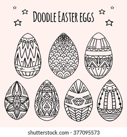 Set of festive doodle eggs with boho pattern. Vector element for greeting cards and your design
