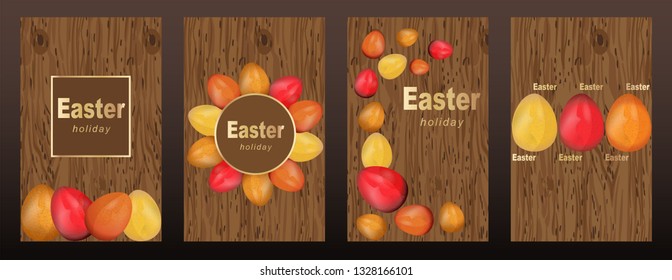 Set with festive Easter banners with colored eggs. Easter symbol. Wood texture.