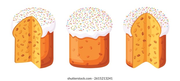 Set of festive Easter cakes in cartoon style.Vector illustration of Easter cakes whole and cut with sweet raisins,decorated with white icing,sprinkles of different colors isolated on white background.