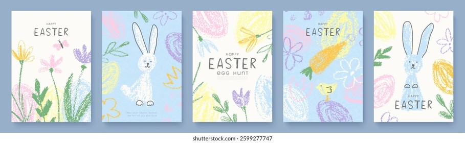 Set of festive Easter cards with funny hand drawn bunny, eggs, chick, carrot and flowers in pastel colors of pink, yellow, blue and purple. Colorful spring vector illustration with textured elements
