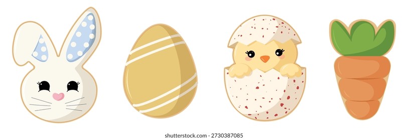 Set of festive Easter cookies: cute bunny head, striped egg, hatching chick, and orange carrot. Vector illustration of decorated spring holiday sugar biscuits isolated on white.