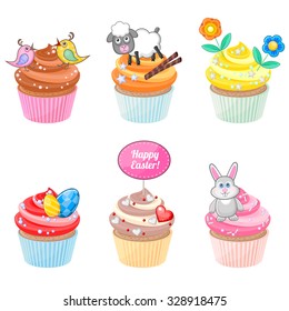 Set of festive Easter cupcakes with different decorations 
