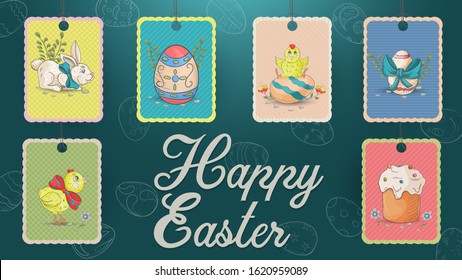 Set of festive Easter tags, illustration in the style of children's Doodle cake, rabbits, painted eggs, greeting inscription, elements for design design label vector EPS 10