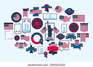 Set of festive elements, attributes of american flag Independence Day. Borders, flags, banners, ribbons, badges, Statue of Liberty, city and skyscraper outlines. Flat vector icons in colors of US flag