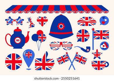 Set of festive elements, attributes of British flag Independence Day. Balloons, ceramic teapot, tea, Britain flag, police helmet, grid sunglasses. Cartoon vector icons in colors of British flag