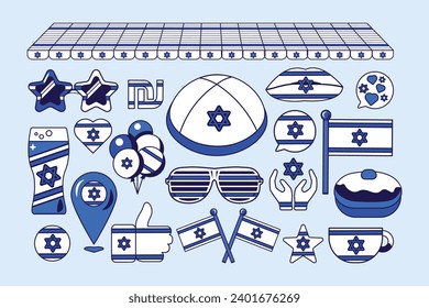 Set of festive elements, attributes of Israel Jewish Holidays. Star of David, balloons, drink glass, Israel flag, national headdress, star sunglasses. Cartoon vector icons in colors of Jewish flag