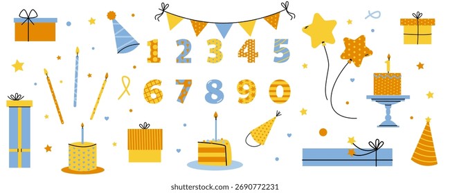 A set of festive elements for a birthday party. Bright elements for the celebration. Simple flat illustration.