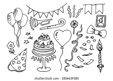 A set of festive elements. Cake, cone hat, balloons, flags, confetti, candle, trumpet. Birthday, anniversary, celebration, party, carnival card design. Hand drawn line art vector.