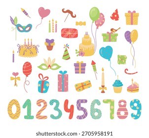 Eine Reihe festlicher Elemente zum Feiern eines Geburtstags. Feiertagsnummern für Ihren Geburtstag