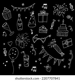 set of festive elements. Doodle style hand drawing in ink. For holiday, postcards, invitations, gifts.