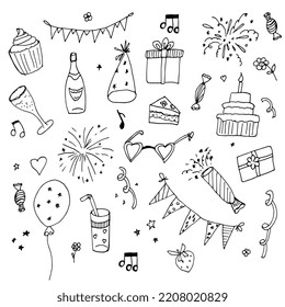 set of festive elements. Doodle style hand drawing in ink. For holiday, postcards, invitations, gifts.