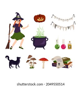 Set of festive elements for Halloween. Red haired girl witch with brooms, cauldron and ingredients for making potions and spells